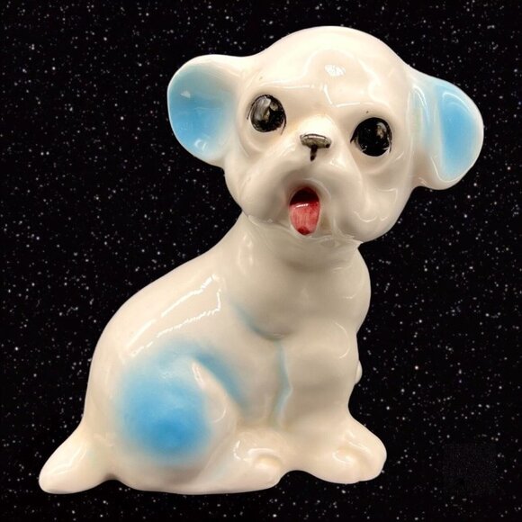 Vintage Dog White Blue Figurine Hand Painted Made in Japan 5”T 4”W - Picture 1 of 9